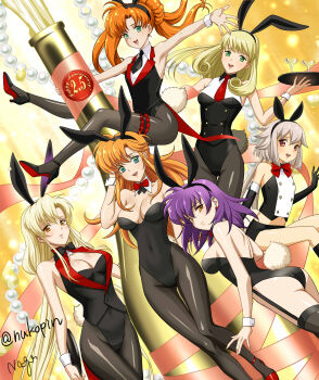 6+girls absurdres alcohol animal_ears anniversary ass backless_outfit bare_shoulders black_gloves black_legwear blonde_hair bow bowtie breasts champagne champagne_bottle chris_(langrisser) cleavage collared_leotard covered_navel detached_collar earrings elbow_gloves fake_animal_ears fake_tail gloves green_eyes heart heart_earrings high_heels highleg highleg_leotard highres jewelry lambda_(langrisser) langrisser langrisser_i langrisser_ii langrisser_iii langrisser_iv langrisser_mobile langrisser_re:incarnation langrisser_v large_breasts leotard licorice_(langrisser) long_hair medium_breasts medium_hair midriff multiple_girls nagasaki_yuko navel orange_eyes orange_hair pantyhose playboy_bunny purple_hair rabbit_ears rabbit_tail rachel_(langrisser) rana_(langrisser) red_eyes short_hair short_hair_with_long_locks shorts shoulder_blades silver_hair strapless strapless_leotard tail tiaris_(langrisser) tucking_hair twitter_username very_long_hair wrist_cuffs yellow_eyes
