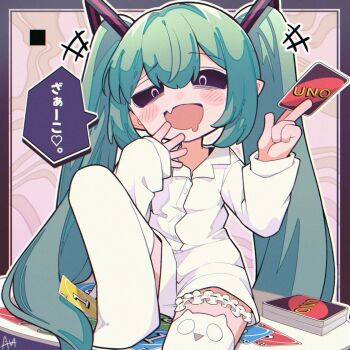 1girl animal_ear_legwear aqua_hair black_sclera borrowed_clothes card cat_ear_legwear colored_sclera commentary_request drooling duplicate fang frilled_thigh_strap hair_ornament hands_up hatsune_miku holding holding_card leg_up looking_at_viewer mesugaki mimukauwa_nice_try_(vocaloid) mouth_drool oversized_clothes oversized_shirt sato_(r017xts117) shirt sitting sitting_on_table skin_fang sleeves_past_wrists solo speech_bubble square thigh_strap thighhighs twintails uno_(game) vocaloid white_shirt white_thighhighs zako_(phrase)