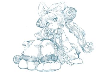 1girl animal_ear_fluff animal_ear_piercing animal_ears animal_feet anklet arm_support braid braided_twintails closed_mouth commentary_request dress full_body furry furry_female greyscale hair_ornament highres jewelry knees_up long_hair looking_at_viewer monochrome okoge_16 pinafore_dress rabbit_ears rabbit_girl screw short_eyebrows simple_background sitting sleeveless sleeveless_dress smile solo sphere_hair_ornament thick_eyebrows white_background zenless_zone_zero zhao_(zenless_zone_zero)
