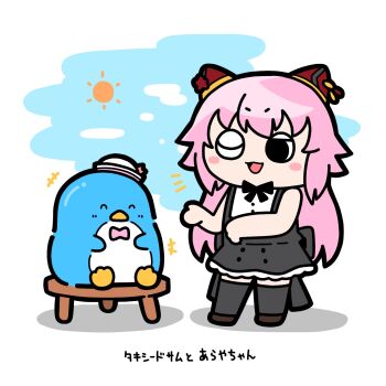 +++ 1girl :3 ^_^ assault_lily bird black_skirt black_thighhighs blue_sky blush bow bowtie brown_shoes chibi closed_eyes cloud commentary_request crossover endou_araya full_body hairpods half-closed_eyes hands_up hat hat_bow high-waist_skirt highres konpeitoull_(c12h22o11_tr_6) long_hair looking_at_another miniskirt notice_lines on_stool open_mouth penguin pink_bow pink_bowtie pink_hair sanrio school_uniform shoes sitting skirt sky smile solid_circle_pupils standing stool sun_symbol suspender_skirt suspenders thighhighs translated tuxedo_sam v-shaped_eyebrows very_long_hair white_background white_hat yurigaoka_girls_academy_school_uniform zettai_ryouiki