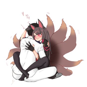 Rule 34 | 1boy, 1girl, akagi (azur lane), animal ears, azur lane, black gloves, black hair, black pantyhose, blush, brown hair, commander (azur lane), commentary request, couple, elflorri, eyeliner, eyeshadow, fox ears, fox tail, gloves, hand on another's head, heart, heart-shaped pupils, hetero, hug, kitsune, leg lock, makeup, multiple tails, open mouth, pantyhose, partially fingerless gloves, red eyes, symbol-shaped pupils, tail, teeth, upper teeth only