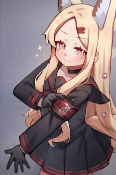1girl animal_ears armband black_gloves black_sailor_collar black_serafuku black_skirt blonde_hair blue_archive character_request check_character cosplay fox_ears gloves highres ichika_(blue_archive) ichika_(blue_archive)_(cosplay) long_hair miya_(miyaruta) red_armband sailor_collar school_uniform seia_(blue_archive) serafuku skirt smile solo