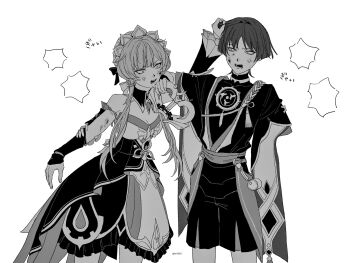 1boy 1girl anger_vein annoyed arguing armor bare_shoulders blood blood_on_face blunt_bangs blunt_ends bodysuit bow breasts brooch cable cleavage constricted_pupils covered_collarbone detached_collar detached_sleeves disembodied_arm dress fingernails frilled_dress frilled_sleeves frills furisode genshin_impact grabbing_another&#039;s_hair greyscale hair_bow hair_intakes headdress highres holding holding_another&#039;s_arm holding_another&#039;s_hair holding_limb japanese_armor japanese_clothes jewelry juban kimono kote large_breasts looking_at_another mandarin_collar mitsudomoe_(shape) monochrome neck_ring o-ring open_clothes open_kimono open_mouth rope sandrone_(genshin_impact) sash scaramouche_(genshin_impact) scratches shimenawa short_hair short_hair_with_long_locks short_sleeves shorts sidelocks strapless strapless_dress swept_bangs tassel te1081 teeth tomoe_(symbol) tsurime twitter_username white_background winding_key wispy_bangs