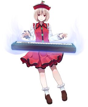 Rule 34 | 1girl, blonde hair, brown shoes, buttons, closed mouth, commentary request, crote, floating, frilled shirt, frilled sleeves, frills, full body, hat, highres, instrument, large variant set, legs apart, loafers, long sleeves, looking at viewer, lyrica prismriver, open hands, piano, red eyes, red hat, red shirt, shirt, shoes, short hair, skirt, skirt set, sleeves past wrists, smile, socks, solo, tachi-e, touhou, transparent background, variant set, white shirt, white socks