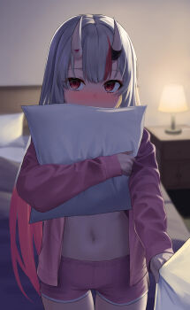1girl absurdres bedroom blurry blurry_background blush clothes_tug covered_mouth cowboy_shot desk_lamp dolphin_shorts grey_hair hair_between_eyes hair_between_horns highres holding holding_pillow hololive horns hugging_object indoors jacket kakinotane_e lamp long_hair long_sleeves looking_at_viewer multicolored_hair nakiri_ayame navel nightstand nose_blush open_clothes open_jacket pillow pillow_hug pink_jacket pink_shorts red_eyes red_hair red_streaks short_shorts shorts sleeves_past_wrists standing straight_hair streaked_hair thigh_gap very_long_hair virtual_youtuber white_horns
