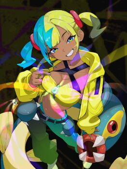 1girl aqua_hair belt black_background blonde_hair blue_eyes breasts canari_(pokemon) cleavage contrapposto cropped_jacket eelektross from_above gen_5_pokemon grin hand_up highres jacket medium_breasts multicolored_nails neaghelly_stn nintendo pants pokemon pokemon_(creature) pokemon_legends:_z-a smile standing twintails two-tone_pants yellow_jacket zipper_pull_tab