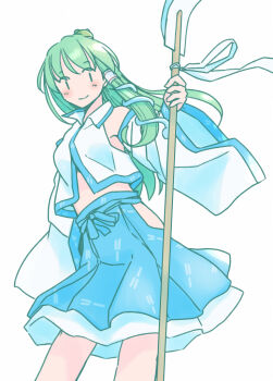 1girl bare_shoulders blue_skirt blush breasts clothing_cutout collared_shirt commentary_request detached_sleeves feet_out_of_frame frog_hair_ornament gohei green_hair hair_ornament hair_tubes hip_vent holding holding_gohei kochiya_sanae long_hair looking_to_the_side medium_breasts midriff petticoat rangycrow shirt simple_background single_hair_tube skirt smile snake_hair_ornament solo touhou white_background white_shirt |_|