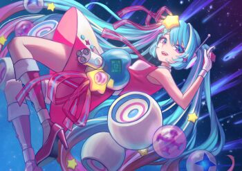 1girl absurdres aqua_eyes aqua_hair blue_necktie boots breasts comet commentary dress full_body future_eve_(vocaloid) gloves gradient_hair hair_ornament hatsune_miku heart highres kizaminori magical_mirai_(vocaloid) magical_mirai_miku magical_mirai_miku_(2022) multicolored_hair necktie pink_boots pink_dress pink_gloves pink_hair pink_necktie rocket sleeveless sleeveless_dress solo star_(sky) star_(symbol) star_hair_ornament streaked_hair teeth tongue twintails upper_teeth_only vocaloid white_boots white_dress white_gloves white_hair