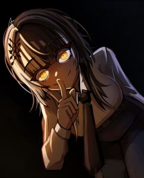 1girl alternate_costume black_hair black_necktie black_pants breasts business_suit chainsaw_man closed_mouth collared_shirt cosplay formal_clothes grey_hair high-waist_pants highres hololive hololive_english large_breasts long_hair long_sleeves looking_at_viewer makima_(chainsaw_man) makima_(chainsaw_man)_(cosplay) multicolored_hair necktie pants pose_imitation ringed_eyes shiori_novella shirt shirt_tucked_in sidelocks simple_background smile solo split-color_hair suit two-tone_hair virtual_youtuber white_background white_shirt yellow_eyes yume_(yume_ato29)