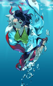 1girl air_bubble animal_ears black_hair breasts bubble collarbone commentary cow_ears cow_horns full_body highres horns kaigen_1025 looking_at_viewer multicolored_hair red_eyes red_sandals sandals solo tank_top touhou two-tone_hair underwater ushizaki_urumi white_hair wide_sleeves yellow_tank_top