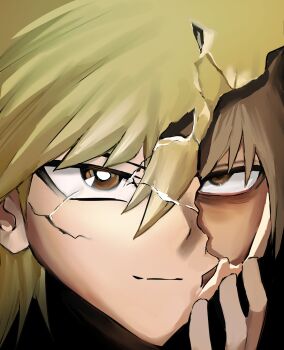 1boy absurdres black_background blonde_hair brown_eyes brown_hair close-up commentary_request cracked_kawaii_mask cracked_skin hand_on_own_face highres jonouchi_katsuya light_smile looking_at_viewer male_focus solo tanutanax yu-gi-oh! yu-gi-oh!_duel_monsters