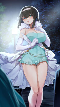 Rule 34 | 1girl, :o, aqua panties, bare legs, black hair, blue eyes, blush, breasts, cleavage, commentary request, covered navel, dress, elbow gloves, gloves, green dress, hairband, highres, idolmaster, idolmaster cinderella girls, lamppost, large breasts, long hair, mk (mod0), night, open mouth, outdoors, panties, sagisawa fumika, sidelocks, solo, standing, tree, two-tone dress, underwear, white dress, white gloves, white hairband