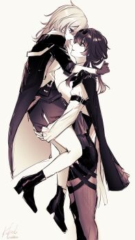 2girls absurdres arm_belt breasts carrying carrying_person closed_mouth commentary_request eyewear_on_head gloves greyscale hibiya_saeki high_heels highres honkai:_star_rail honkai_(series) kafka_(honkai:_star_rail) layered_clothes long_hair long_sleeves looking_at_another monochrome multiple_girls pairing_name pantyhose partial_commentary ponytail simple_background stelle_(honkai:_star_rail) trailblazer_(honkai:_star_rail) yuri