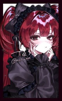 1girl :< black_bow black_eyes black_headband black_shirt bow center-flap_bangs commentary english_commentary eyelashes frilled_headwear frilled_shirt frills gothic_lolita hair_bow hair_intakes hands_on_own_face hands_up hat hat_ribbon headband heart heart-shaped_pupils highres lolita_fashion long_hair long_sleeves mi_tei original red_hair red_pupils ribbon shirt symbol-shaped_pupils twintails upper_body watermark