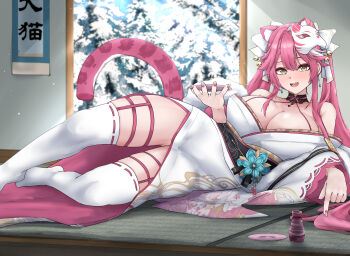 1girl aidoruhakase animal_ears bare_shoulders bell black_choker black_sash blush bottle breasts cat_mask choker choko_(cup) cleavage commentary cup earrings english_commentary extra_ears eyeshadow fangs fingernails gluteal_fold hair_bell hair_intakes hair_ornament hair_ribbon hair_stick heart_collar highres holding holding_cup hololive hololive_english huge_breasts indoors japanese_clothes jewelry jingle_bell kimono long_hair long_sleeves looking_at_viewer lying makeup mask mask_on_head multicolored_hair nail_polish no_shoes on_side open_mouth panther_ears panther_girl panther_tail pink_eyeshadow pink_hair pink_nails raora_panthera raora_panthera_(new_year) ribbon sake_bottle sash smile snow_on_tree solo streaked_hair tail tatami thighhighs thighs two-tone_hair virtual_youtuber white_fur white_hair white_kimono white_ribbon white_thighhighs yellow_eyes