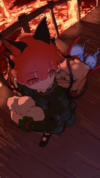 1girl animal_ears black_bow black_dress bow braid cat_ears cat_tail commentary dress hat hat_bow highres hugging_own_legs kaenbyou_rin looking_to_the_side multiple_tails on_floor red_eyes red_hair sitting solo squatting tail touhou twin_braids yuara