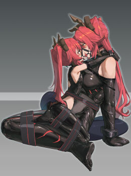 absurdres ball_gag bare_shoulders bdsm bondage bound bound_together breasts gag gag_harness gagged highres horns large_breasts latex linked_gag long_hair looking_at_another original red_eyes red_hair restrained sitting sitting_on_person skin_tight small_breasts twintails very_long_hair wariza xiongmao