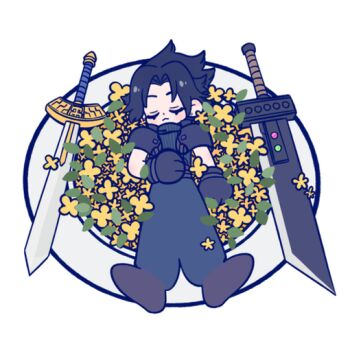 105zz 1boy armor belt black_boots black_gloves black_hair black_pants black_shirt boots buster_sword chibi chibi_only closed_eyes crisis_core:_final_fantasy_vii earrings final_fantasy final_fantasy_vii flower flower_bed gloves hand_on_own_stomach jewelry lying male_focus materia on_back pants parted_bangs pauldrons plate ribbed_shirt shirt short_hair shoulder_armor single_earring sleeveless sleeveless_turtleneck solo suspenders sword turtleneck weapon white_background yellow_flower zack_fair