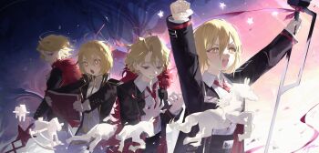 1girl absurdres arms_up black_choker black_pants blonde_hair choker clenched_hands collared_shirt commentary don_quixote_(project_moon) english_commentary high-waist_pants highres holding holding_polearm holding_weapon horse kyoro_ina lance lapels limbus_company necktie notched_lapels open_mouth pants parted_bangs polearm progression project_moon red_eyes red_necktie rocking_horse sancho_(project_moon) shirt short_hair smile wavy_hair weapon white_shirt wing_collar