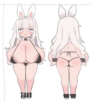 1girl animal_ear_hairband animal_ears areola_slip ass back backboob bikini black_bikini black_shoes blush breasts cleavage commission detached_collar fake_animal_ears frilled_bikini frills from_behind gigantic_breasts grey_eyes hairband highres long_hair multiple_views open_mouth original rabbit_ear_hairband rabbit_ears reference_sheet sa_ka_(sakanoya) shoes shortstack skeb_commission smile solo standing swimsuit thigh_gap thong thong_bikini white_background white_hair white_hairband