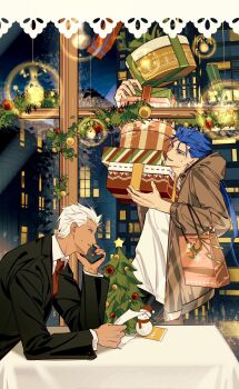 2boys archer_(fate) black_jacket blue_hair brown_jacket christmas christmas_present christmas_tree contemporary cu_chulainn_(fate) fate/stay_night fate_(series) garland_(decoration) gift highres holding holding_gift indoors jacket long_hair male_focus multiple_boys necktie red_eyes red_necktie shirt snowman talking_on_phone white_shirt y111111n