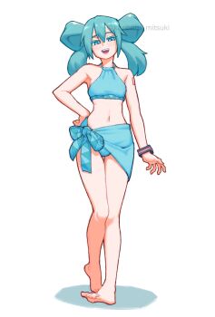 1girl alternate_costume aqua_bikini aqua_eyes aqua_hair bikini full_body hair_up hatsune_miku highres kanbaru_mitsuki looking_at_viewer open_mouth simple_background smile solo standing swimsuit vocaloid white_background