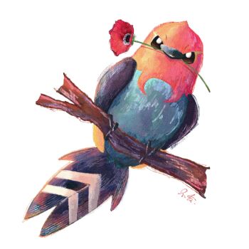 Rule 34 | animal focus, beak, bird, fletchinder, flower, flower in mouth, fukyo, gen 6 pokemon, highres, looking at viewer, mouth hold, nintendo, no humans, pokemon, pokemon (creature), pokemon focus, sitting on branch, solo, tail, talons