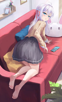 1girl :o ahoge alisa_mikhailovna_kujou all_fours barefoot black_skirt blue_eyes blush cellphone commentary couch dutch_angle eyelashes feet from_behind full_body furrowed_brow hair_between_eyes hair_intakes hair_over_shoulder hair_ribbon highres indoors long_hair long_sleeves looking_at_viewer looking_back on_couch open_mouth phone pleated_skirt red_ribbon ribbon shirt sidelocks skirt smartphone soles solo straight_hair toes tokidoki_bosotto_roshia-go_de_dereru_tonari_no_alya-san user_3504221 variant_set white_hair yellow_shirt