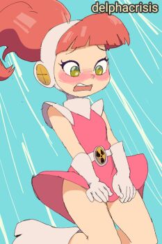 1girl atomic_betty belt betty_(atomic_betty) blue_background blush boots delpha_crisis dress embarrassed gloves green_eyes hairband kneeling long_hair looking_down open_mouth pink_dress ponytail radiation_symbol red_hair short_sleeves white_belt white_footwear white_gloves wind wind_lift