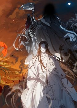 2boys absurdres architecture bai_wuxiang black_hair blood brown_hair building burning burning_building censored censored_identity chinese_clothes cloud east_asian_architecture full_moon hand_on_own_knee hanfu he_xuan highres horse horseback_riding korean_commentary little_modao long_hair long_sleeves male_focus mask moon multiple_boys night riding sash skeleton_horse sky smoke tianguan_cifu tombstone tumor veins water waves white_hanfu white_horse wide_sleeves