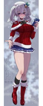 Rule 34 | 1girl, absurdres, bell, black socks, blue eyes, blue skirt, blush, boots, border, bow, bowtie, breasts, capelet, commentary request, full body, fur-trimmed boots, fur-trimmed capelet, fur-trimmed sweater, fur trim, gift, green bow, green bowtie, grey hair, hair bell, hair ornament, heart, highres, holding, holding gift, kantai collection, kashima (christmas) (kancolle), kashima (kancolle), large breasts, long hair, looking at viewer, mizoredama1, pleated skirt, red boots, red capelet, red sweater, skirt, smile, socks, solo, sweater, twintails, wavy hair, white border