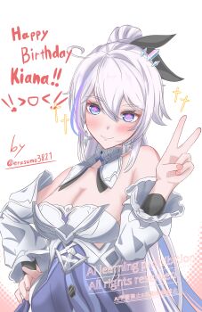 Rule 34 | 1girl, absurdres, bare shoulders, blue eyes, blush, breasts, cleavage, closed mouth, commentary request, detached collar, detached sleeves, dress, english text, erasumo3821, hair between eyes, hand on own hip, happy birthday, highres, honkai (series), honkai impact 3rd, kiana kaslana, kiana kaslana (apho), kiana kaslana (herrscher of finality), large breasts, long hair, looking at viewer, purple dress, purple pupils, side ahoge, simple background, smile, solo, star-shaped pupils, star (symbol), symbol-shaped pupils, twitter username, upper body, v, watermark, white background, white hair