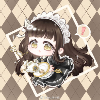 ! 1girl :o apron argyle_background black_dress black_shoes blunt_bangs bow brown_background brown_hair chibi chinese_commentary collared_dress commentary_request dotted_line dress eyelashes glasses hair_bow juliet_sleeves lace lace-trimmed_apron lace-trimmed_dress lace_trim light_blush long_dress long_hair long_sidelocks long_sleeves looking_at_viewer maid maid_headdress nikki_(series) open_mouth outside_border picture_frame pleated_dress puffy_sleeves round_eyewear shining_nikki shoes sidelocks solo sparkle speech_bubble spilling spoken_exclamation_mark surprised tareme tea teapot teresa_afternoon_tea_(shining_nikki) tray tripping two-tone_background unworn_eyewear very_long_hair watermark wavy_hair weibo_watermark white_apron white_bow xiaoyu_qixing yellow-framed_eyewear yellow_background yellow_eyes
