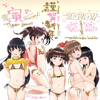 5girls ass backpack bag bikini black_hair blush clothes_lift exhibitionism flat_chest hug idol loli long_hair looking_at_viewer mayafufu multiple_girls navel original public_indecency randoseru shirt_lift smile swimsuit tagme text_focus thigh_gap thighs