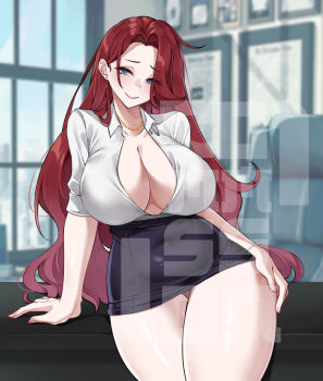 1girl arm_support azuri909 black_skirt blue_eyes blurry blurry_background breasts cleavage closed_mouth collared_shirt commentary commission cowboy_shot deadlydesiree_(vtuber) earrings english_commentary high-waist_skirt highres indie_virtual_youtuber indoors jewelry large_breasts long_hair looking_at_viewer miniskirt necklace office office_lady parted_hair red_hair shirt short_sleeves skirt smile solo vgen_commission virtual_youtuber watermark white_shirt