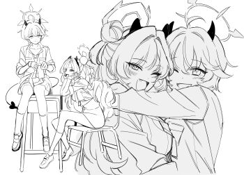 Rule 34 | 2girls, blue archive, blush, chair, commentary request, demon horns, demon tail, desk, erika (blue archive), fang, halo, highres, horns, hug, jshnimzz, kirara (blue archive), looking at viewer, multiple girls, one eye closed, sitting, smile, tail