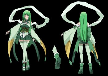green_hair hagoromo japanese_clothes long_hair maroon_eyes miniskirt momo_kyun_sword reference_sheet ribbon shawl skirt suika_(momo_kyun_sword) thighhighs wide_sleeves
