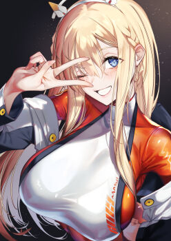 1girl absurdres black_background blonde_hair blue_eyes blush bodysuit breasts commentary_request eichi_(yashokuya) goddess_of_victory:_nikke grin highres large_breasts light_particles long_hair long_sleeves looking_at_viewer off_shoulder one_eye_closed orange_bodysuit simple_background smile solo tove_(nikke) upper_body v