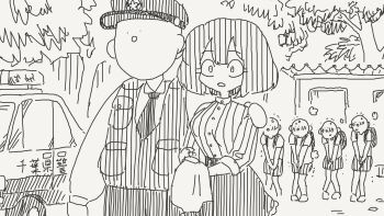 ._. 1girl 5boys :o arm_around_shoulder arrest backpack bag bald bob_cut car comic covering_crotch covering_privates greyscale hat highres horideiyasumi looking_ahead looking_at_another mob_face monochrome motor_vehicle multiple_boys necktie original outdoors peaked_cap police police_car police_hat police_uniform randoseru ribbed_shirt segmented_comic shirt shorts shota skirt t-shirt trembling wide-eyed