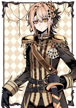 Rule 34 | 1girl, absurdres, argyle background, belt, black belt, black gloves, black jacket, blonde hair, brown background, chinese commentary, closed mouth, commentary request, cowboy shot, cross, epaulettes, eyelashes, gloves, hair between eyes, hair ornament, hasumi leia, highres, holding, holding sword, holding weapon, jacket, long sleeves, looking at viewer, mahou shoujo no majo saiban, outside border, rapier, rryy, sash, short hair, shoulder sash, solo, standing, sword, weapon, yellow eyes