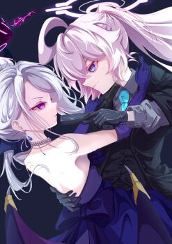 2girls absurdres ahoge alternate_costume alternate_hairstyle aqua_necktie backless_dress backless_outfit black_gloves black_halo black_jacket blue_archive collared_shirt commentary_request demon_girl demon_horns demon_wings dress earrings formal_clothes gloves grey_shirt gun halo hand_on_another's_back highres hina_(blue_archive) hina_(dress)_(blue_archive) holding holding_weapon horns hoshino_(blue_archive) huge_ahoge jacket jewelry long_hair looking_at_another multiple_girls necklace necktie official_alternate_costume official_alternate_hairstyle parted_lips pink_hair pink_halo purple_dress purple_eyes purple_gloves qwamatono999 shirt suit weapon white_hair wings