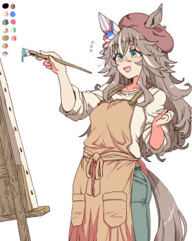 1girl :d animal_ears apron beret blue_eyes blue_pants blush breasts canvas_(object) denim ear_covers ears_through_headwear easel green_pants grey_hair hair_between_eyes hat holding holding_paintbrush horse_ears horse_girl horse_tail jeans long_hair multicolored_hair open_mouth orange_apron paint paintbrush painting_(action) pants red_hat shirt simple_background single_ear_cover smile solo streaked_hair tail toriga_naku umamusume white_background white_shirt wonder_acute_(umamusume)
