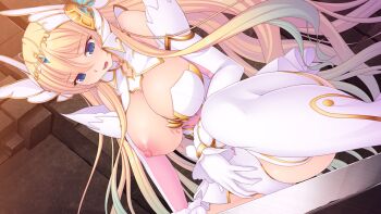 1girl bare_shoulders blonde_hair blue_eyes blush boots breast_slip breasts detached_sleeves dutch_angle elbow_gloves en_ciel_rena en_ciel_rena_(laelith) female_masturbation game_cg gloves gradient_hair headgear kourin_tenshi_en_ciel_rena large_breasts large_variant_set leotard long_hair looking_down magical_girl masturbation multicolored_hair nipples non-web_source official_art one_breast_out open_mouth saitou_natsuki sitting solo suhamaya thighhighs tiara tomoe_rena variant_set very_long_hair white_gloves white_thighhighs