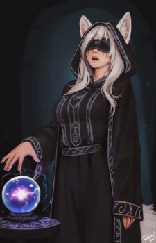 Rule 34 | 1girl, animal ears, blindfold, breasts, commentary, covered eyes, english commentary, highres, hood, medium breasts, original, personal ami, robe, solo, tail