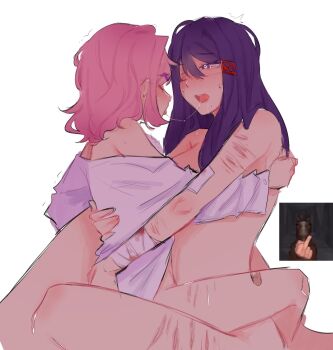 bottomless doki_doki_literature_club highres hug kiss multiple_scars natsuki_(doki_doki_literature_club) non-web_source nude pink_hair pockiseisont purple_hair saliva scar sex topless_female yuri yuri_(doki_doki_literature_club)