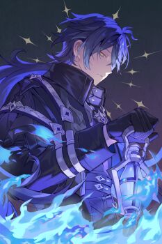 1boy absurdres antenna_hair bags_under_eyes black_coat black_gloves blue_fire blue_hair blue_pupils closed_mouth coat collared_coat commentary_request duplicate empty_eyes fire flins_(genshin_impact) from_side genshin_impact gloves gradient_hair hair_behind_ear hair_between_eyes highres holding holding_lantern kanangnsn lantern long_hair long_sleeves male_focus multicolored_eyes multicolored_hair profile shade sleeve_cuffs solo upper_body wing_collar yellow_eyes
