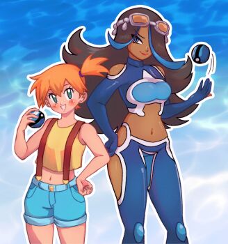 2girls :d aqua_eyes bare_arms bare_shoulders black_hair blue_bodysuit blue_eyes blue_hair blue_shorts blush bodysuit breasts brown_hair clothing_cutout cosplay costume_switch crop_top dark-skinned_female dark_skin denim eyelashes eyeshadow goggles goggles_on_head green_eyes hair_between_eyes hair_over_one_eye hand_on_own_hip hand_up holding holding_poke_ball lipstick long_hair looking_at_viewer makeup midriff milah misty_(pokemon) multicolored_hair multiple_girls navel nintendo open_mouth orange_hair poke_ball poke_ball_(basic) pokemon pokemon_(anime) pokemon_(classic_anime) pokemon_oras pokemon_rgby ponytail red_lips shelly_(pokemon) shirt short_hair shorts shoulder_cutout side_ponytail sleeveless sleeveless_shirt smile streaked_hair suspenders tank_top teeth two-tone_hair yellow_shirt yellow_tank_top