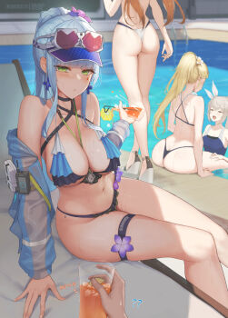 1boy 4girls absurdres artist_name ass beach_chair between_breasts bikini black_bikini blonde_hair blue_hair blue_one-piece_swimsuit breasts centaureissi_(girls'_frontline_2) cleavage criss-cross_halter cross cross-laced_bikini cross-laced_clothes cross_earrings cup earrings eliskalti eyewear_on_head g36_(50_days_with_g36)_(girls'_frontline) g36_(girls'_frontline) girls'_frontline girls'_frontline_2:_exilium green_eyes halterneck highres hk416_(girls'_frontline) holding holding_cup jacket jewelry klukai_(cerulean_breaker)_(girls'_frontline_2) klukai_(girls'_frontline_2) large_breasts long_hair looking_at_viewer multiple_girls navel official_alternate_costume one-piece_swimsuit outdoors ponytail poolside pout pov pov_hands see-through_clothes see-through_jacket sharkry_(girls'_frontline_2) sharkry_(swimsuit_idol)_(girls'_frontline_2) side_ponytail spilling springfield_(girls'_frontline) springfield_(stirring_mermaid)_(girls'_frontline) swimsuit teardrop_facial_mark thigh_strap visor_cap