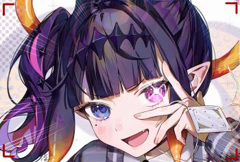1girl ani_019 black_hairband blue_eyes blunt_bangs blush chuunibyou close-up collared_shirt commentary diamond_hairband emphasis_lines eyepatch fang grey_sweater hairband hand_over_eye heterochromia highres holding_eyepatch hololive hololive_english medical_eyepatch medium_hair multicolored_hair ninomae_ina&#039;nis ninomae_ina&#039;nis_(school_uniform) open_mouth orange_hair pink_eyes pink_hair portrait shirt side_ponytail solo streaked_hair sweater tentacle_hair tongue unworn_eyepatch viewfinder virtual_youtuber
