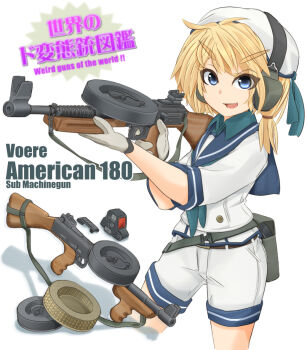 1girl american-180 american_arms_international ammunition ammunition_focus bag beret bilingual_text blonde_hair blue_eyes chart commentary cowboy_shot cropped_legs drum_magazine english_text fang female_focus firing gloves green_neckerchief grey_gloves gun gun_sling hair_tie hat headphones high-capacity_magazine holding holding_gun holding_weapon illinois_arms_company j._stevens_arms_&amp;_tool_company japanese_text long_gun looking_at_viewer magazine_(weapon) mikeran_(mikelan) mixed-language_text neckerchief open_mouth original pan_magazine rifle_cartridge sailor_collar satchel see-through_clothes shadow shirt short_hair short_sleeves shorts side_ponytail simple_background smile solo standing submachine_gun text_focus translation_request translucent vertical_forward_grip voere weapon weapon_focus weapon_name weird_guns_of_the_world white_background white_hat white_shirt white_shorts